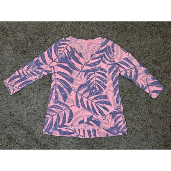 FRESH PRODUCE Women Blouse Top 3/4 Sleeve Big Leaves Tropical Vneck SMALL Travel - Picture 1 of 8